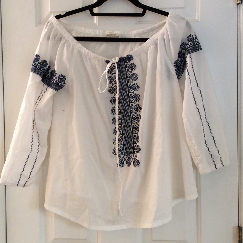 Madewell Blue Embroidered Peasant Top